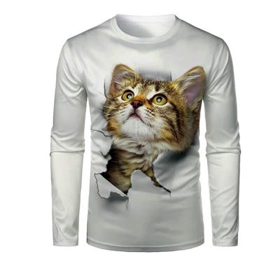 China QUICK DRY Cat 3D Micro Elastic Graphic Animal Printed Plain White Long Sleeve T-Shirt Custom Printing T-Shirts for sale