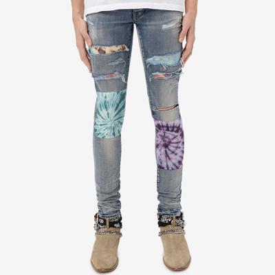 China Wholesale Custom Slim Fit Pants Distress Denim Blue Man Skinny Trousers Pantalones Tie Dye Fabric Patchwork Custom Ripped Mens Jeans for sale