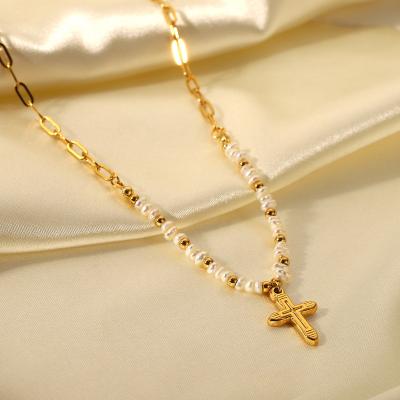 China Stainless Steel Popular Natural Freshwater Cross Charm Necklaces Pearl Instagram Pendant Necklace Casual/Sporty For Women for sale