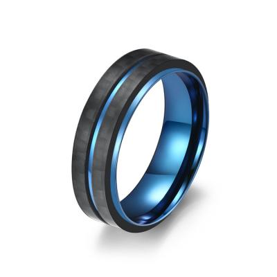 China Fashion High Quality Jewelry Hot Selling IP Blue And Matte Black Two Rows Carbon Fiber Inlaid Titanium Stainless Steel Rings for sale