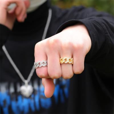 China 2021 Jewelry Iced Out Cuban Ring Hiphop Ring Zircon Chain Link Design 18K Yellow Gold and Silver Plated Copper Cuban Ring for sale