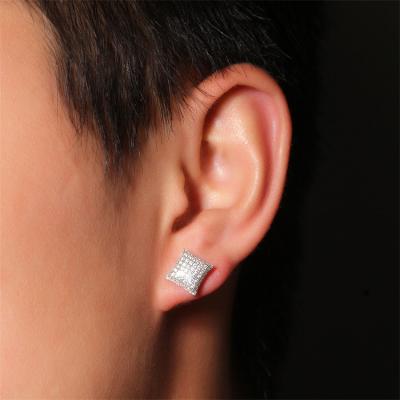 China High Quality Hiphop CZ Micro Fully Paved Square Stud Earring Bling 925 Sterling Silver Men's Ear Jewelry for sale