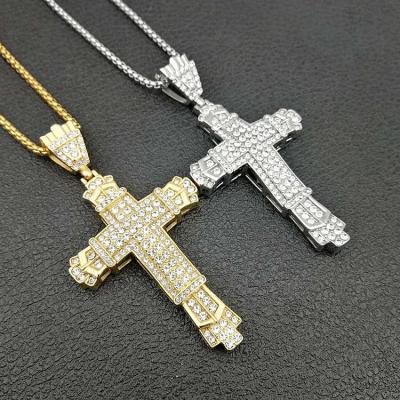 China Men's CZ Crystal Cross Pendant Necklace Europe American Religious Stainless Steel Luxury Jewelry for sale