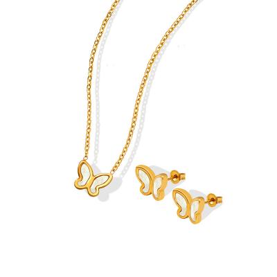 China Custom Casual/Sporty Women Inlaid Shell Necklace Jewelry Set Stainless Steel 18k Gold Plated Butterfly Charm Necklace Earring Jewelry Set for sale