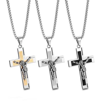 China Anti-Allergy Fashion Mens Stainless Steel Jewelry Silver Chains Engraved Custom Logo Jesus Cross Pendant Necklace for sale