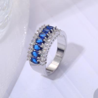 China Women's 925 Silver Plated Band Ring Round Gemstone Cubic Zircon Sapphire Blue Ring Wholesale Exquisite TRENDY for sale