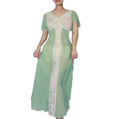 China EING C0018 Breathable New Design Deep V Lace Perforated Transparent Back Long Lace Nightgown for sale