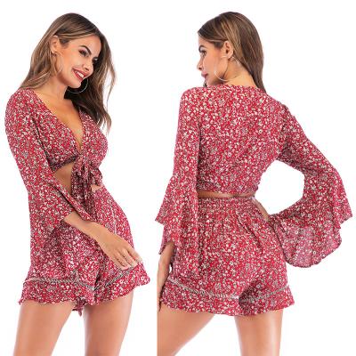 China Hot Sale Women Summer Breathable Shorts Set Floral Print Long Sleeve Chiffon Summer Sets For Women Clothing for sale