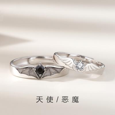 China Lovers Ring Original Silver Feather Wing Ring European American Zircon R Creativity Minority Design S925 Angel Demon Couple Ring Personality for sale