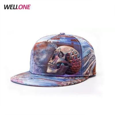 China Wellone JOINT SKULL Flat Brim Satin Fabric Custom Your Own Style Snapback 5 Panel Sublimation Hat for sale