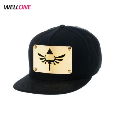 China Fashion COMMON unisex high quality cotton flat brim hip hop adults snapback black custom metal plate hat for sale