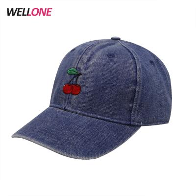 China JOINT Denim Cotton Vintage Washed 6 Panel Uncontracusted Cherry Embroidery Bill Custom Short Baseball Cap for sale