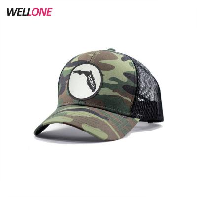 China COMMON Flat Different Mesh Black Mesh Military Wellone DIY Embroidery Design Pattern Two Tone Custom Camouflage Trucker Hat for sale