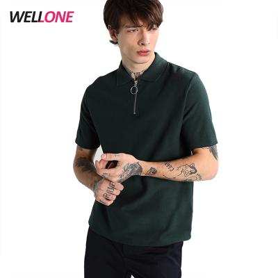 China Custom Anti-pilling Honey 220gsm Comb Embroidery Design Half Circle Zipper Ring Puller Custom Men Green Polo Shirt 100% Cotton for sale