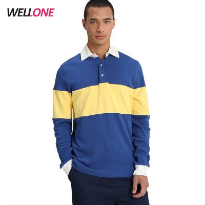 China Custom 100% Guangzhou wellone cotton pique embroidery plain blue block logo rugby anti-pilling long sleeve polo shirt for sale