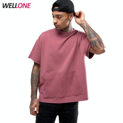 China Anti-pilling Wellone no label slit edge streetwear skateboard style pink custom men short sleeve sweatshirts for sale