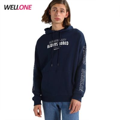 China Lightweight cotton fleece anti-pilling hoodie USA apparel navy cotton silk screen print wholesale custom hooded pullover men for sale