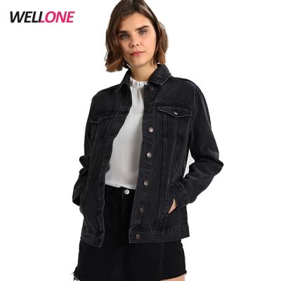 China OEM Breathable Women 100% Cotton Loose Jeans Washed Black Girlfriend Denim Jackets for sale