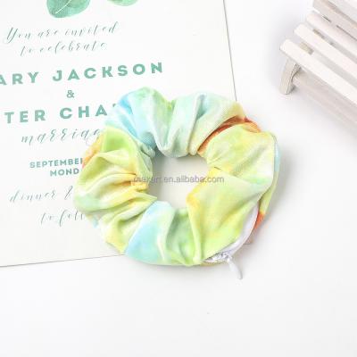 China Fashionable Creative Women Hair Tie Dye Velvet Zipper Elastic Scrunchies Elastic Band Hair Ties With Pocket For Storage for sale