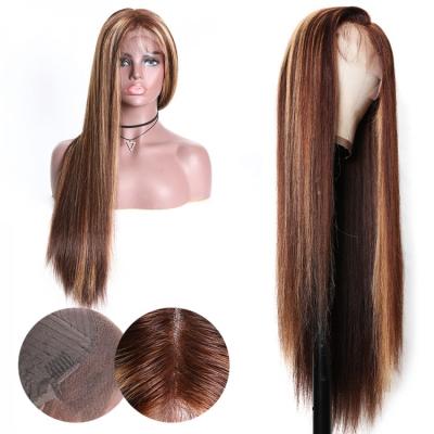 China Malaysian Body Wave Glueless Chestnut Ombre Front P430 Piano Color Highlight T Part Wig Ombre Front Loose Wavy Lace for sale