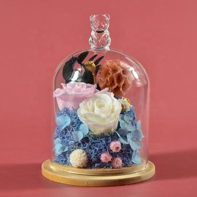 China Fashional High Quality Romantic Gift Rose Preserved Flower Handmade Flower Rose Glass Dome for sale