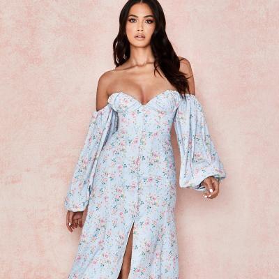 China New 2022 Anti-Static Button Front Long With Sleeve Printed Off The Shoulder Women Dresses for sale