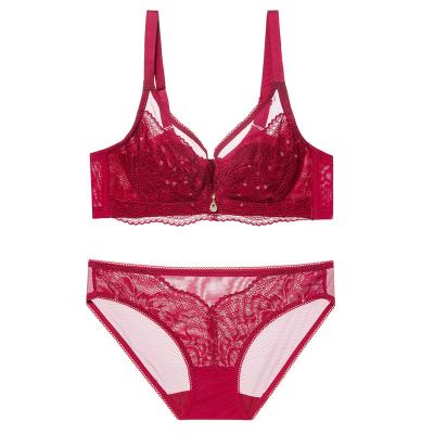 China 2022 QUICK DRY new redder plus size bra set gathered sexy thin soft steel big lace ring chest underwear bra set for sale