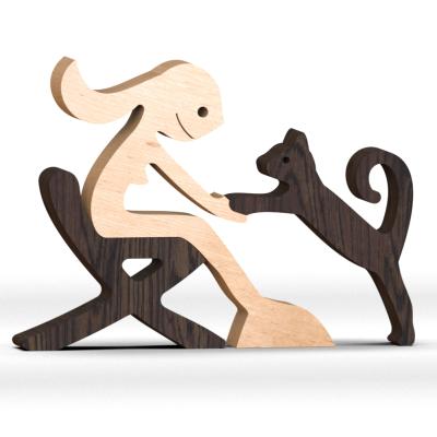 China Cute Miniatures Art Crafts Animal Ornaments Europe Wooden Family Puppy Home Table Figurin Perro De madera Human and Dog Decoration for sale