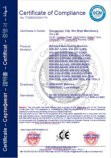 CE - Dongguan City Kin Wah Machinery Co., Ltd.