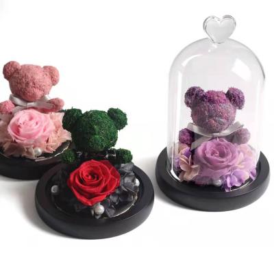 China Wholesale Preserved Natural Touch Flower LED Flowers Teddy Bear Eternal Roses Preserved Rose in Glass Dome for sale