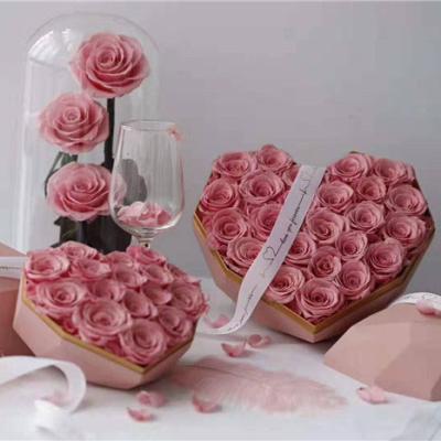 China Natural Contact Wholesale Preserved Rose Flowers In Heart Box To Make Eternal Preserved Forever Rose In Box for sale