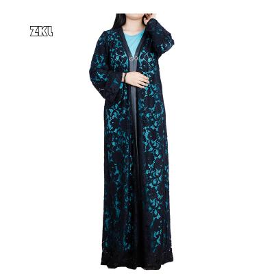 China Daily Casual Formal Muslim Fashion Lace Cardigan Kimono Two Piece Lehenga For Long Robe Islamic Arab Dubai Muslim Clothing for sale