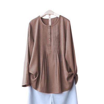 China Solid Round Neck Anti Pilling Plus Size Blouses Summer Canvas Blouses Loose Tops Tunic Loose Cotton Shirts Women Button Up Long Sleeve Tops for sale