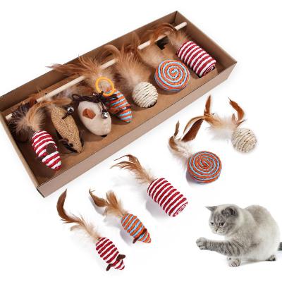 China Viable Hot Selling Cat Toy Set 7 Pcs Interactive Molar Mouse Feather Cat Stick Funny Set for sale