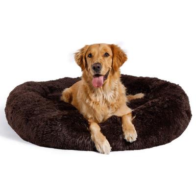 China Travel Faux Fur Soft 40cm-120cm Comfortable Washable Dog Cat Bed For Large Dog Warm Round Customized Soothing Fluffy Plush Bed Pet for sale