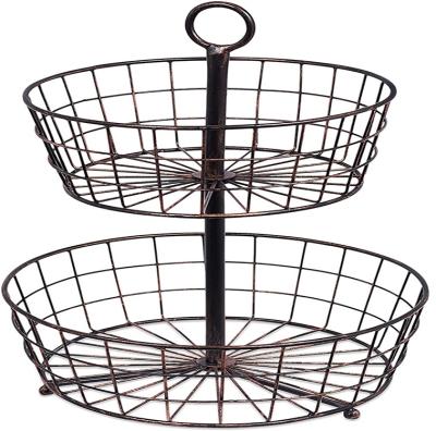 China Sustainable Black Steel Metal Mesh Multifunction Wire Vegetables Stainless 2 Tier Hanging Fruit Basket for sale