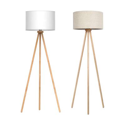 China Warm Vintage Wooden Tripod Fabric E27 Lampshade Floor Lamp Cylindrical Living Room Lamp Stand for sale