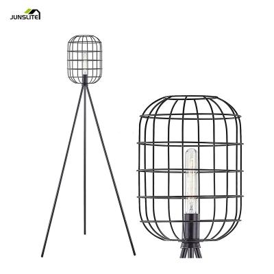 China Vintage Black Scorch Metal Wire Cage Shade Floor Tripod Light Industrial Standing Lights For Home for sale