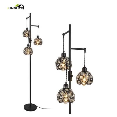 China Vintage Industrial Modern Standing Floor Lights Living Room Lamp With 3 Crystal Hanging Shades for sale