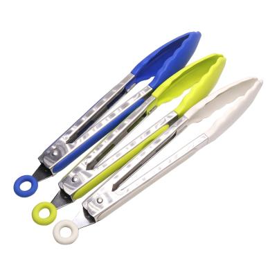 China 9 Inch Food Grade Silicone Heat Resistant Kitchen Utensil BBQ Tongs Food Stocked Colorful Clips for sale