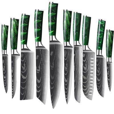 China Sustainable 10 Pcs Chef's Knife Set Stainless Steel Damascus Style Professional Kitchen Knives Set Pakka Wood Handle for sale