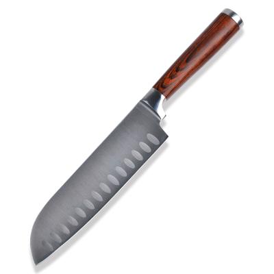 China Viable ST2002 Pakka Dark Red Wood Handle Bits Fixed Blade Knife 7Cr Steel 7 Inch Santoku Kitchen Knife for sale