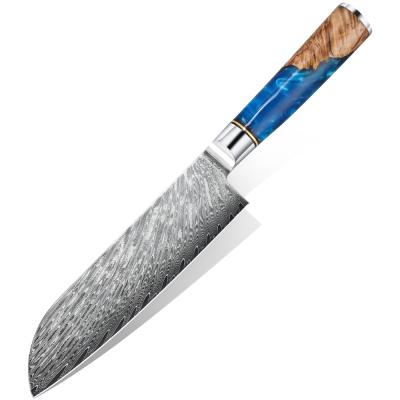 China Viable Wholesale 7 Inch Santoku Cooking Knife 67 Layer Damascus Kitchen Knives With Resin Wood Handle for sale