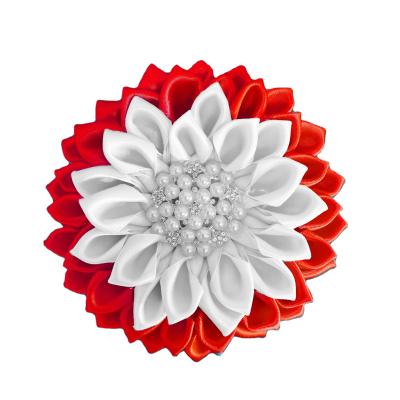 China Custom made high quality handmade satin ribbon red and white satin ribbon flower pin for sale