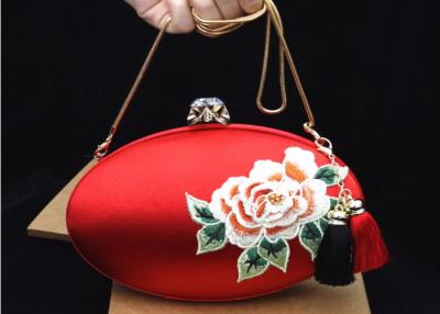 China Luxury Oval Shape Embroidered Velvet Bag , Satin Clutches Evening Bags With Two Tassel for sale