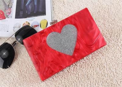 China Wedding Hard Case Acrylic Clutch Bags , Ladies Red Clutch Bag With Silver Heart Glitter for sale