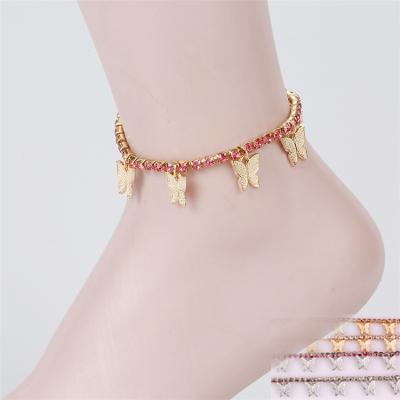 China Western Style 2021 Summer Rhinestone Gold Butterfly Anklet Chain Alloy Butterfly Beach Dangle Anklet For Women for sale