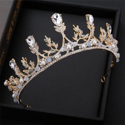 China Fashion Pearl Crystal Crown Tiara Alloy Rhinestone Wedding Bridal Hair Accessories For Woman 34*14*6CM for sale