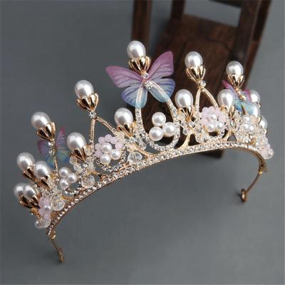 China European and American alloy crown rhinestone pearl butterfly headband bridal headdress 32*14*7CM for sale