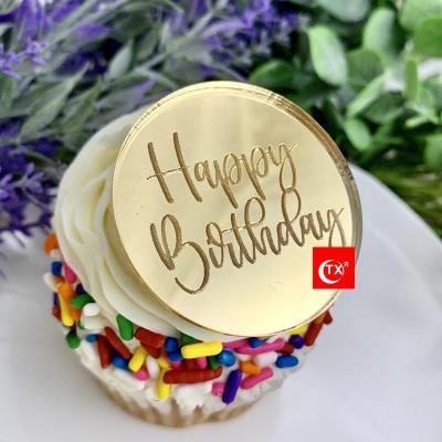 China TX Happy Birthday Laser Mark Shiny Gold Mirror Gold Cupcake Cakesicle Pop Disc Topper For Dessert Gift Box Decor for sale